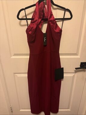 Lulu's Satin-Trim Burgundy Halter Midi Dress